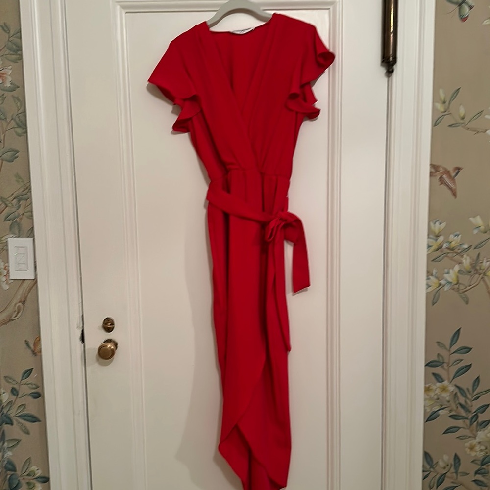 Amanda Uprichard Small faux wrap red dress! Ruffle sleeve. Like new